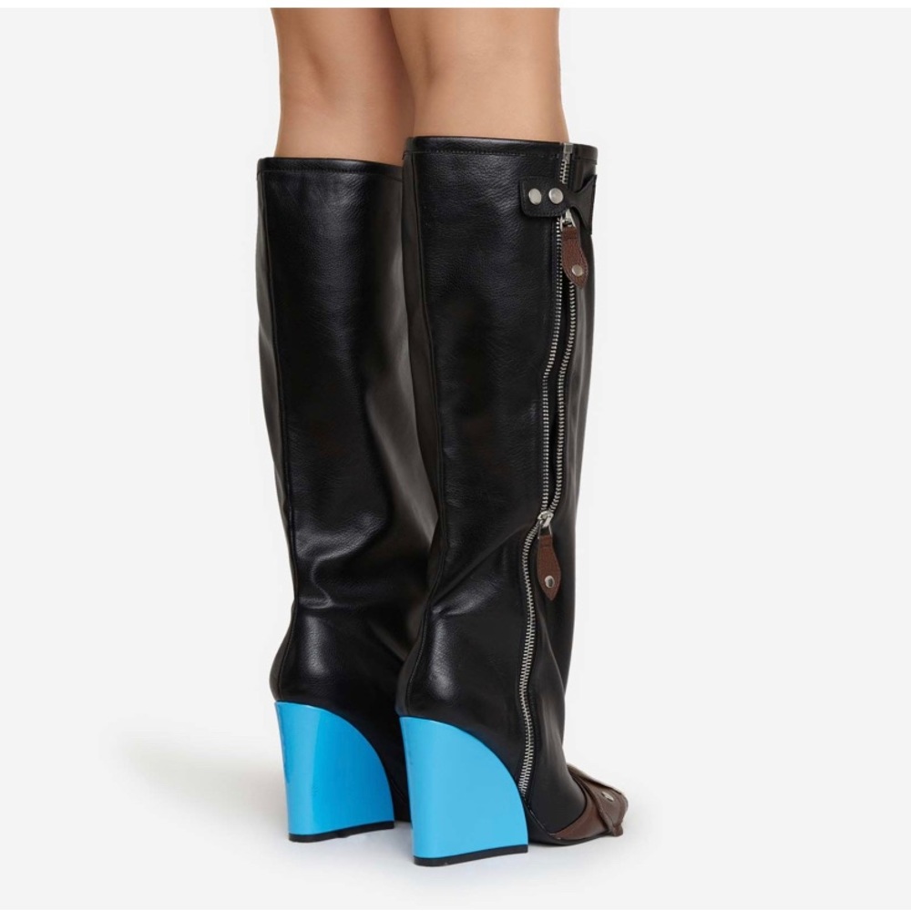 SENNA BUCKLE DETAIL SQUARE TOE BLUE WEDGE HEEL KNEE HIGH BOOT IN BLACK FAUX LEAT